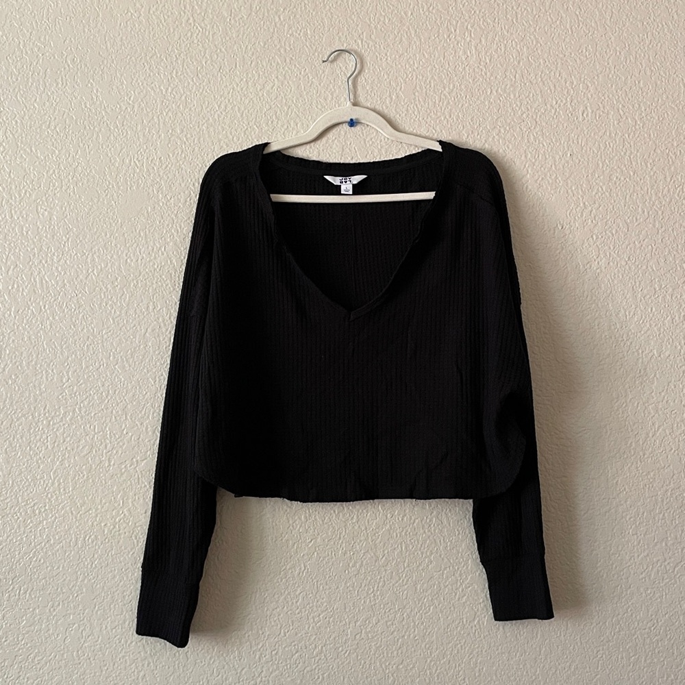 JoyLab Cropped Waffle Top Vneck Thermal Boho Long Sleeve Crop Athleisure